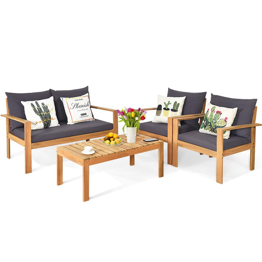 Costway Natural 4 Piece Acacia Wood Patio Conversation Set Loveseat Sofa With Dark Gray Cushions Hw64146 The Home Depot