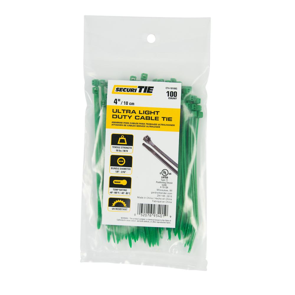 Gardner Bender 4 in. Ultra Light Duty Cable Tie, 18 lb. Tensile, Green