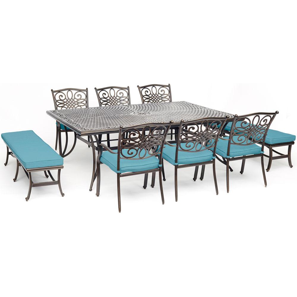 Hanover Traditions 9 Piece Aluminum Outdoor Dining Set With Blue Cushions 6 Chairs 2 Benches And Cast Top Table Traddn9pcbn Blu The Home Depot - Hansen Cast Aluminum Patio Furniture Hanover Traditions 9 Piece Aluminum Outdoor Dining Set With Blue Cushions 6 Chairs 2 Benches And Cast Top Table Traddn9pcbn Blu The Home Depot - Hansen Cast Aluminum Patio Furniture