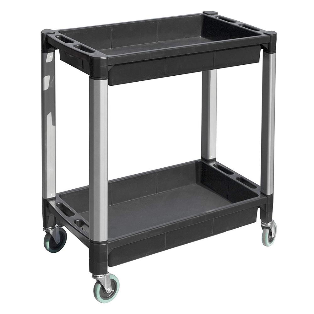 maxworks 80384 black and gray two-tray service/utility cart with aluminum legs and 4" diameter swivel castors