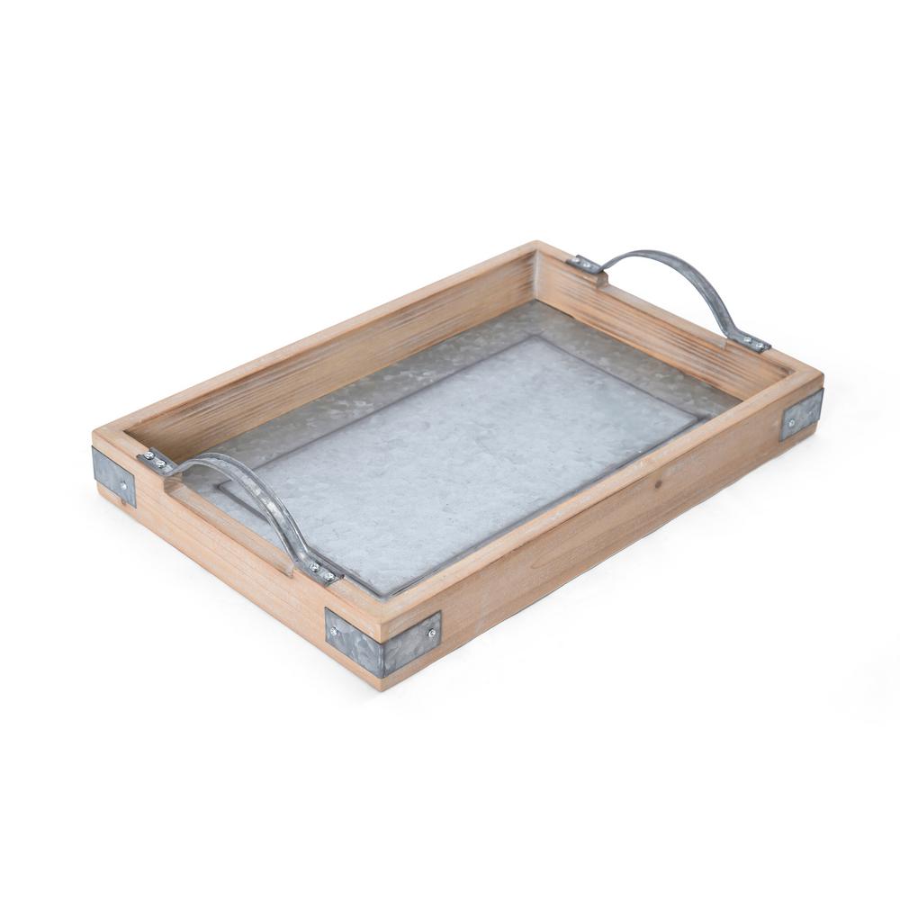 Rustic Style Rectangular Wood Serving Tray with Distressed Whitewash Finish
