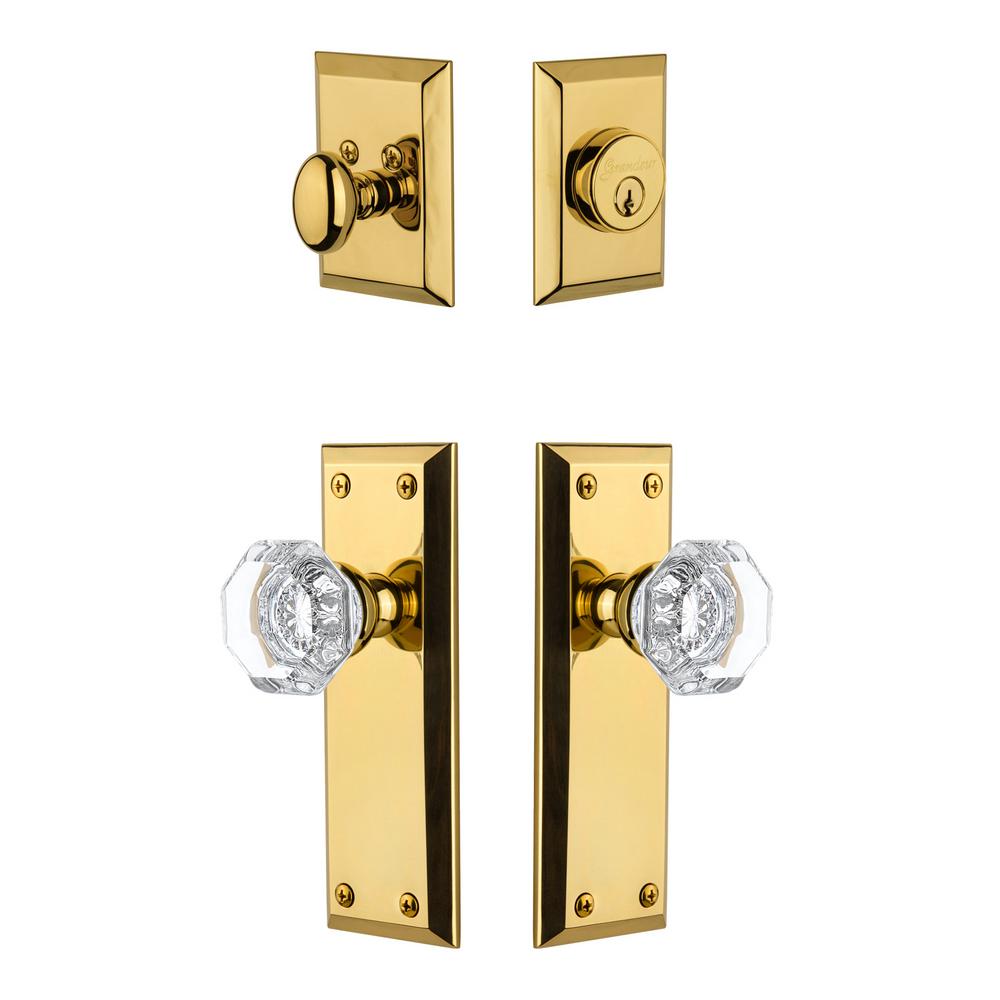 Grandeur Fifth Avenue Plate 2 3 4 In Backset Lifetime Brass Chambord Crystal Door Knob With Single Cylinder Deadbolt