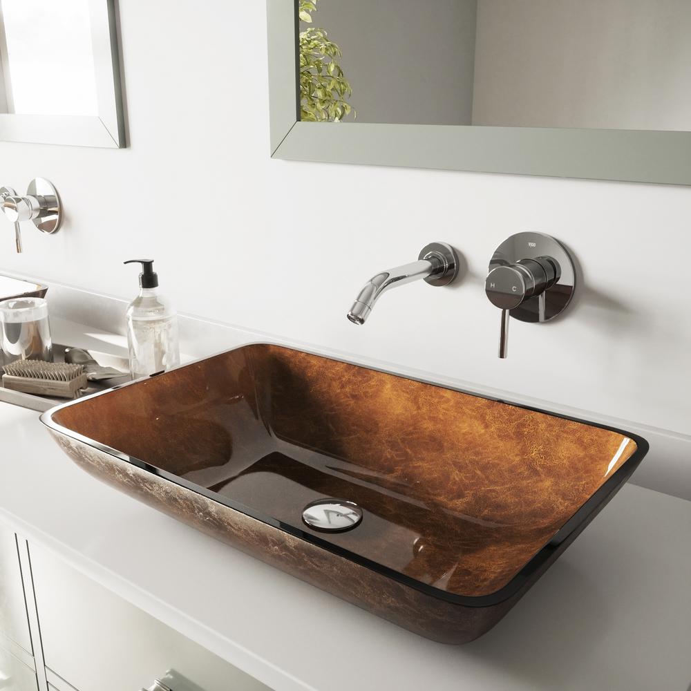 Vigo Rectangular Glass Vessel Bathroom Sink In Russet With Wall Mount Faucet Set Chrome