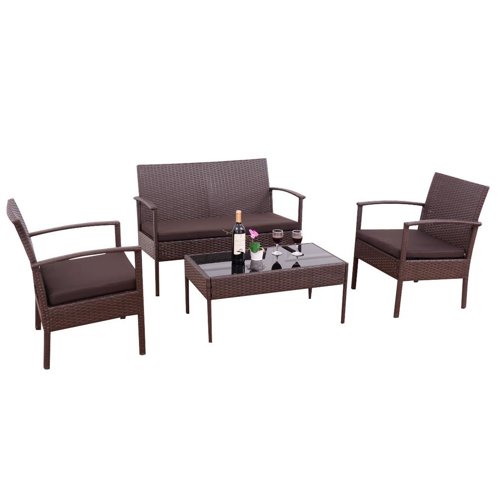 Costway 4 Piece Rattan Wicker Patio Conversation Set Loveseat Sofa With Brown Cushions Garden Yard Furniture