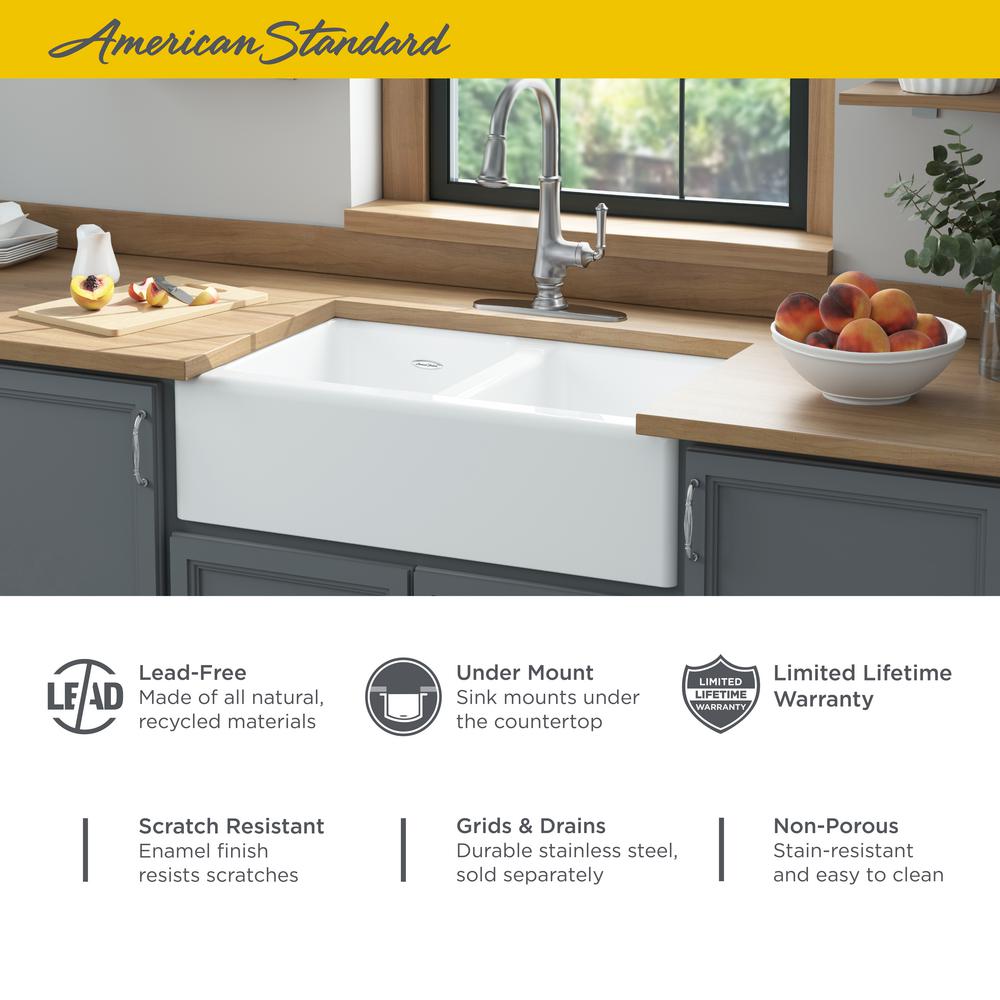 American Standard Delancey Farmhouse Apron Front Cast Iron 33 In 4 Hole Double Bowl Kitchen Sink In Brilliant White 77db33220a 308 The Home Depot