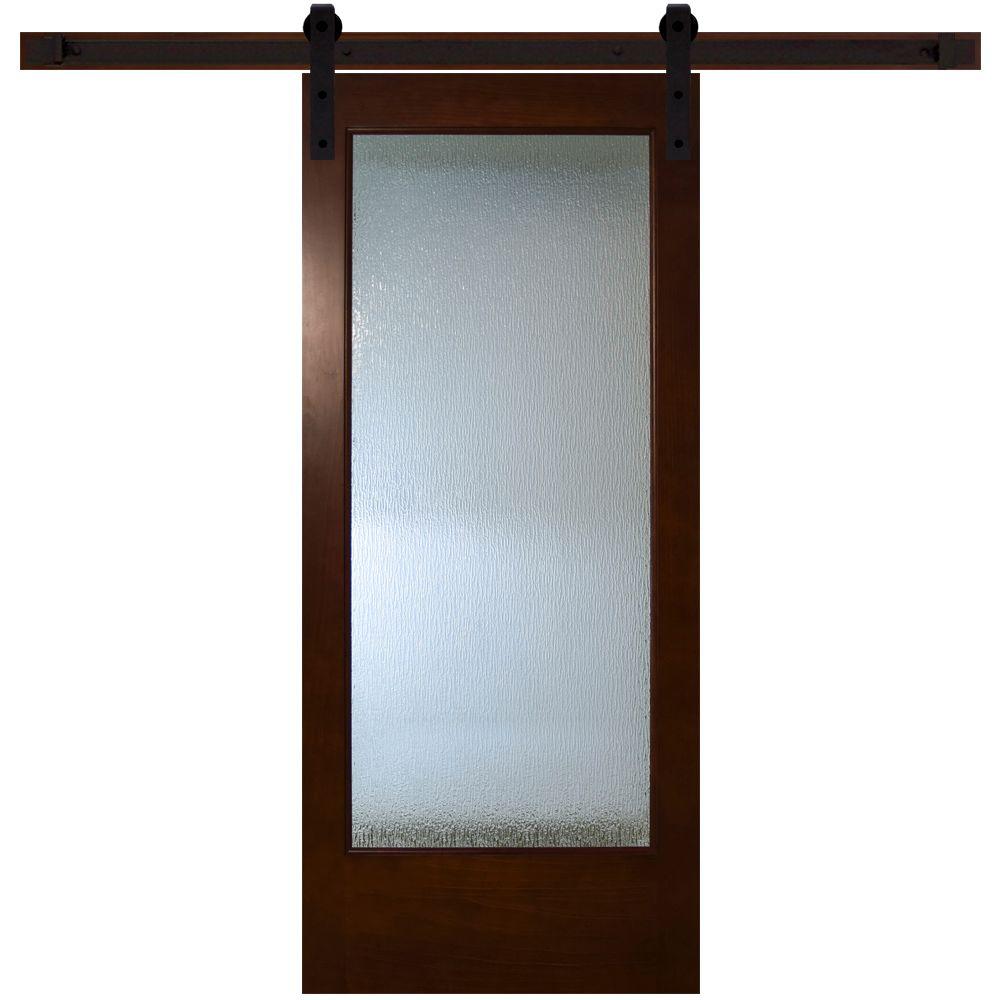 Steves Sons 36 In X 84 In Modern Full Lite Rain Glass Stained Pine Interior Sliding Barn Door With Hardware Kit