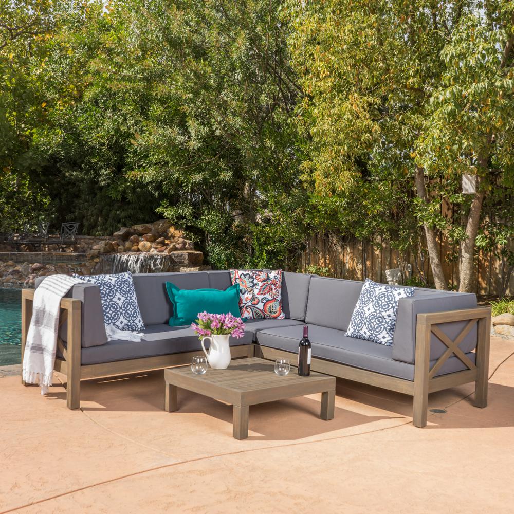 Brava Grey 4 Piece Wood Outdoor Sectional Set With Dark Cushions