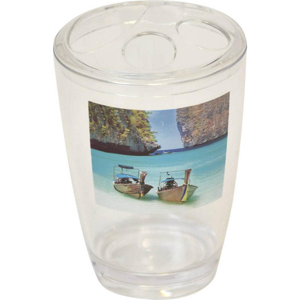 Paradise Clear Acrylic Printed Bath Toothbrush and Toothpaste Holder