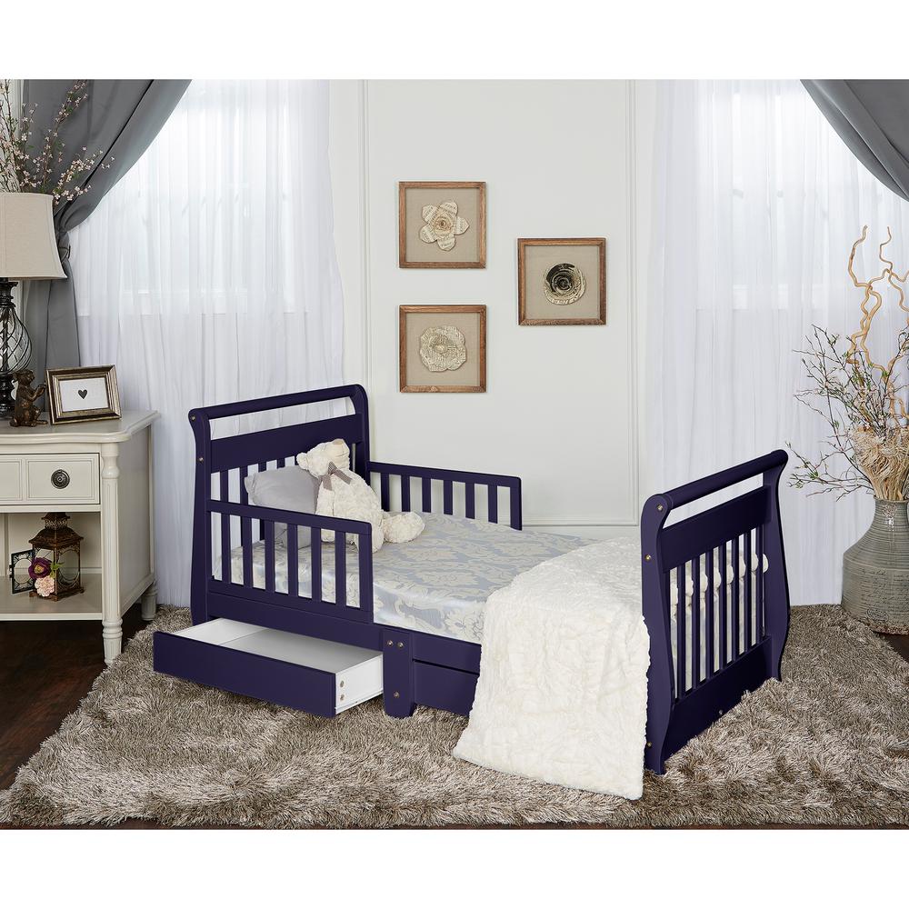 Dream On Me Navy Toddler Adjustable Sleigh Bed With Storage Drawer