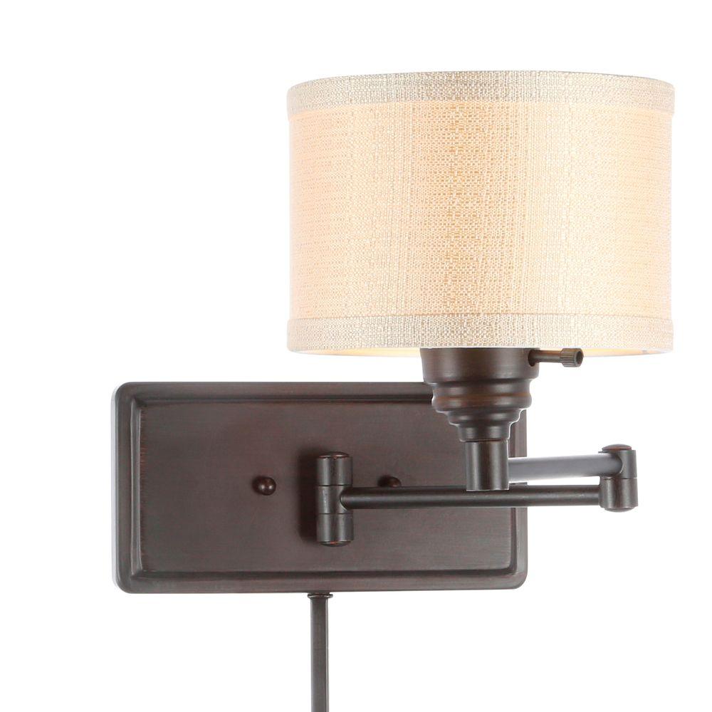 Hampton Bay Brookhaven 1 Light Bronze Swing Arm Sconce With Fabric Shade And 6 Ft Cord