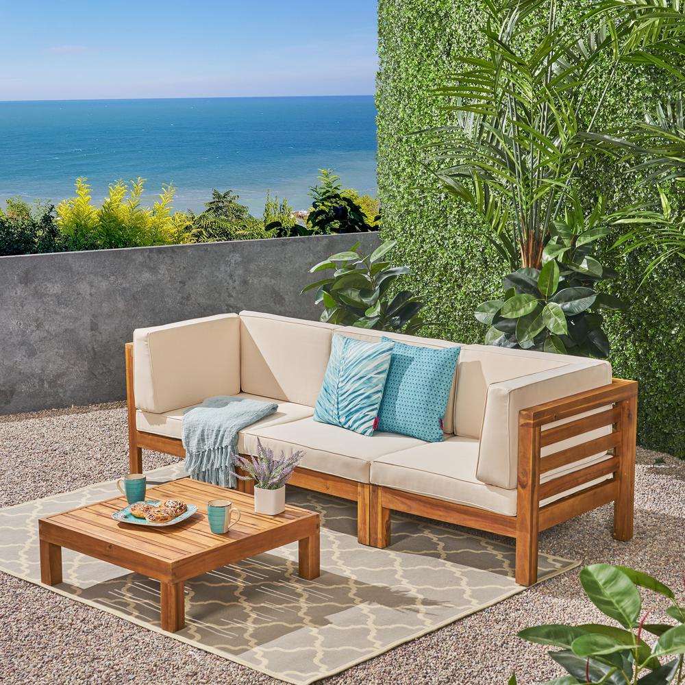 Noble House Jonah Teak Finish 2 Piece Wood Patio Deep Seating Set With Beige Cushions 3 Seater Sofa Coffee Table