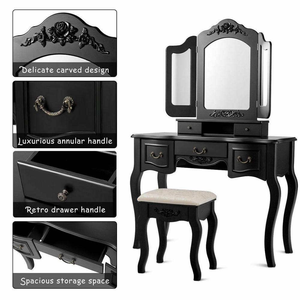 Costway 3 Piece Black Living Room Set Tri Folding Vintage Vanity