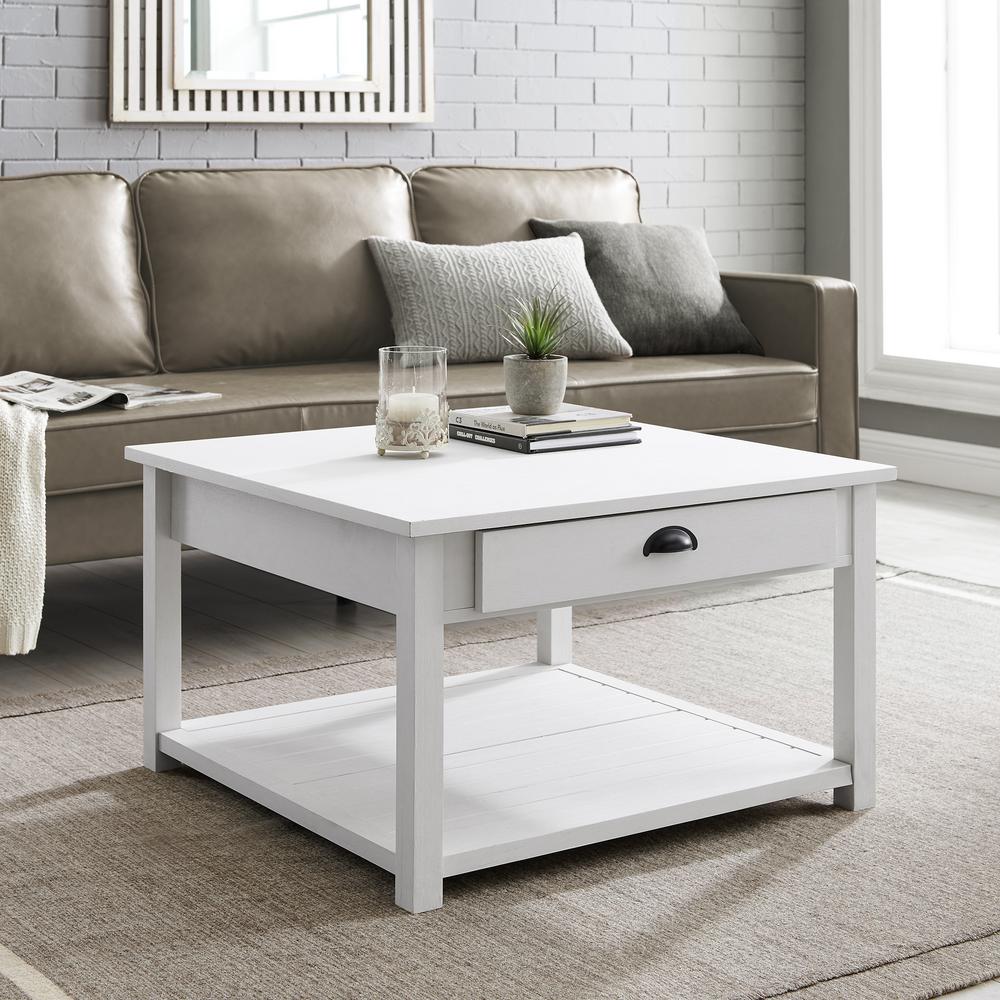 Welwick Designs 30 in. Brushed White Medium Square Wood Coffee Table ...