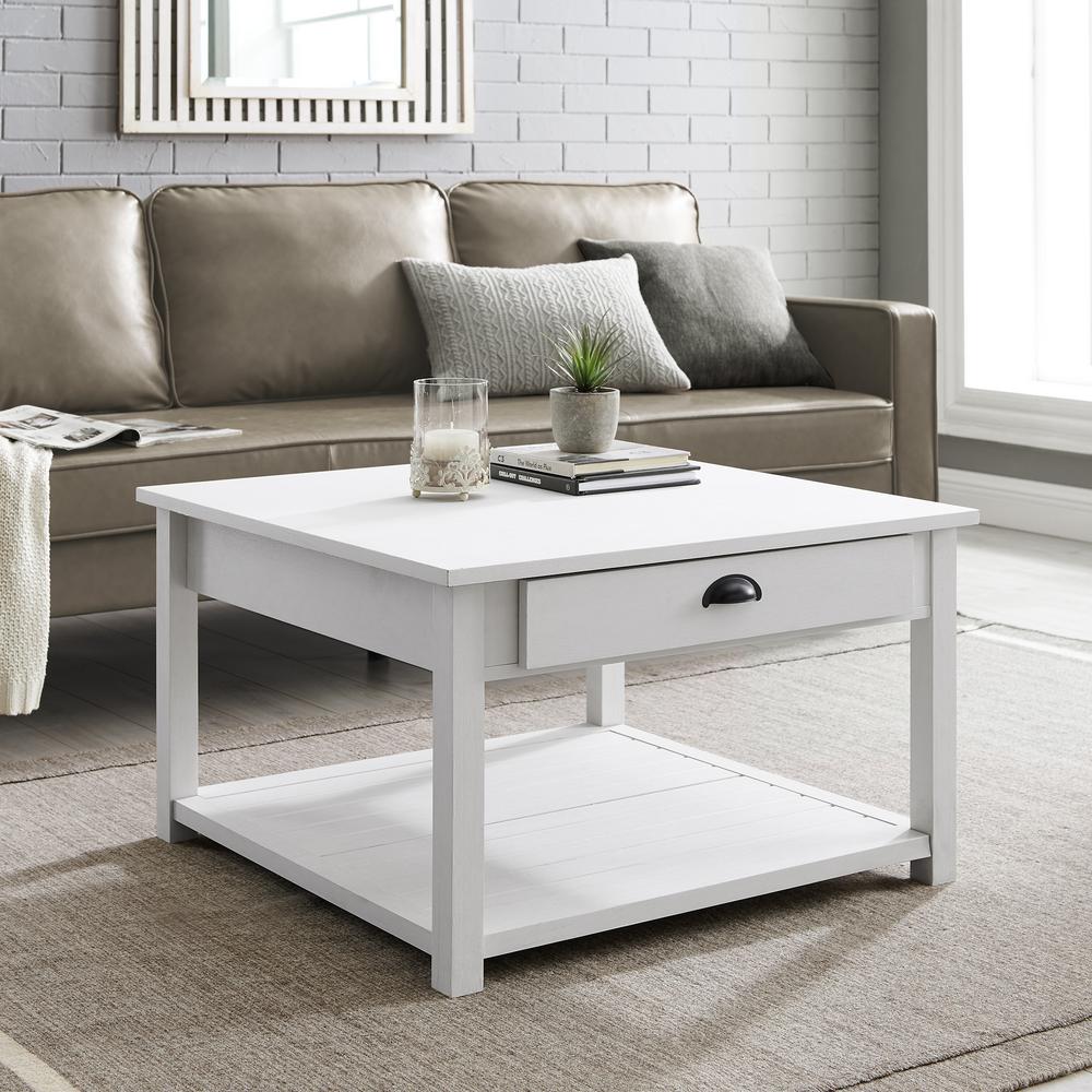 Welwick Designs 30 In Brushed White Medium Square Wood Coffee Table With Drawers Hd8612 The Home Depot