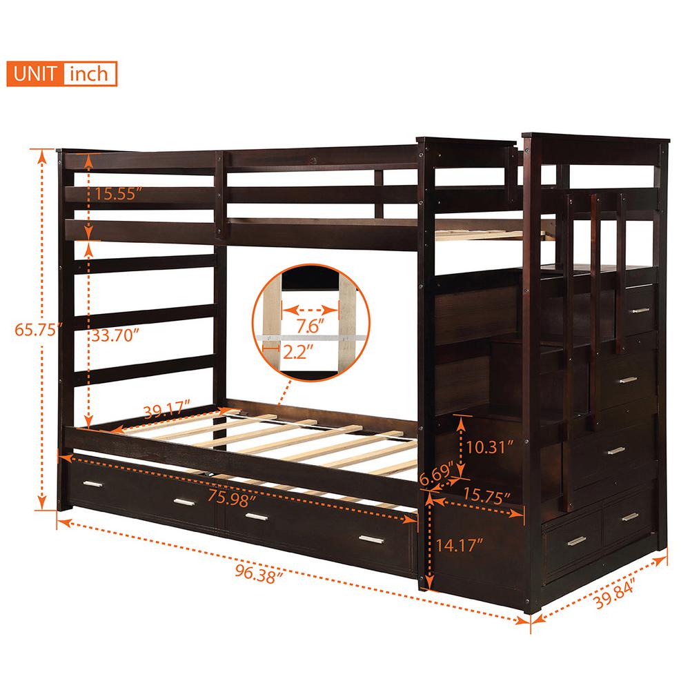 Boyel Living Espresso Solid Wood Bunk Bed For Kids Hardwood Twin Over With Trundle And Staircase Ly Lp000068paa The Home Depot Espresso Solid Wood Bunk Bed For Kids