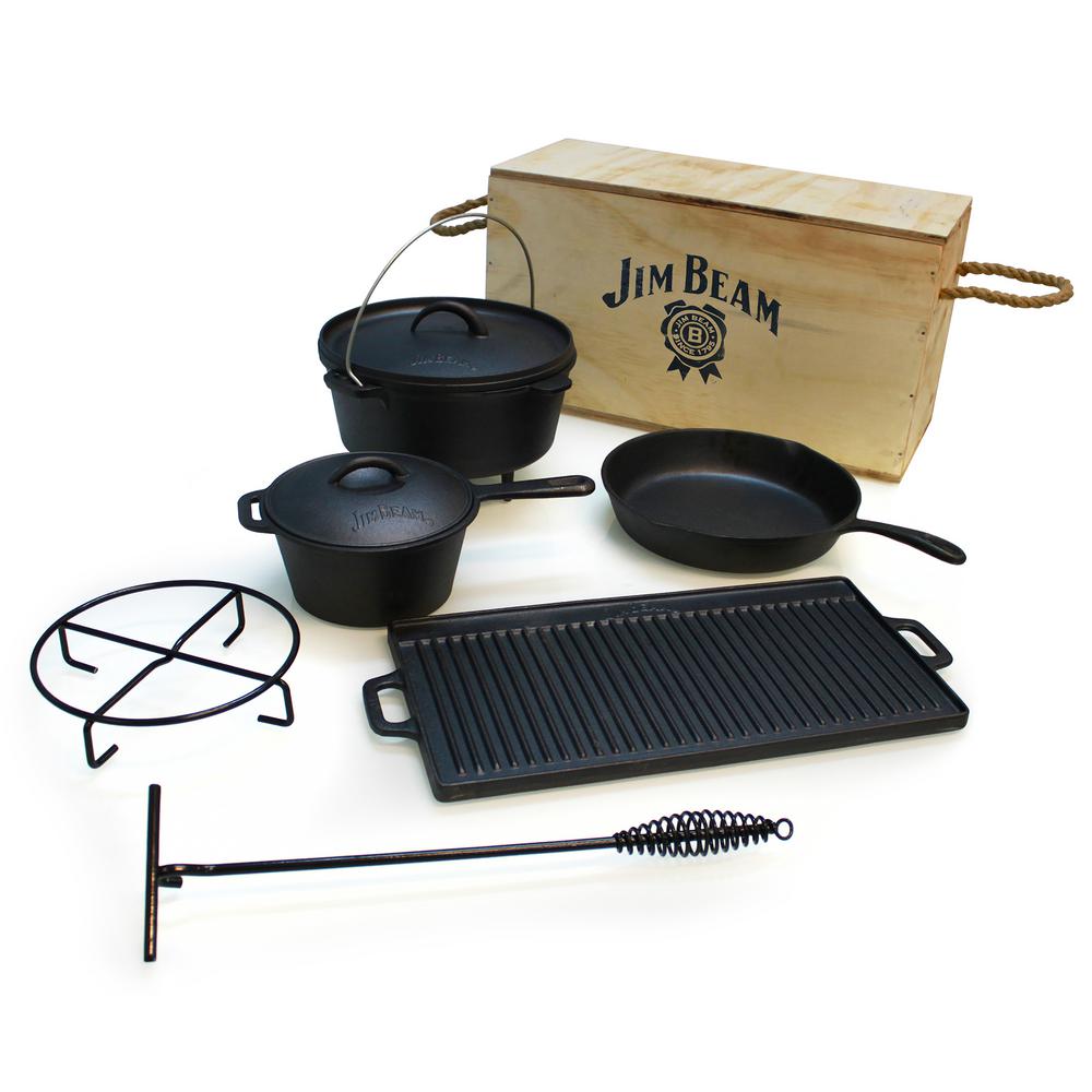 Jim Beam Cast Iron 6 Piece Grill Cookware Set with Wooden BoxJB0185