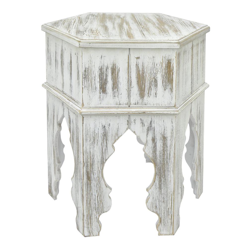 THREE HANDS Wood Moroccan inspired Accent Table in Distressed White
