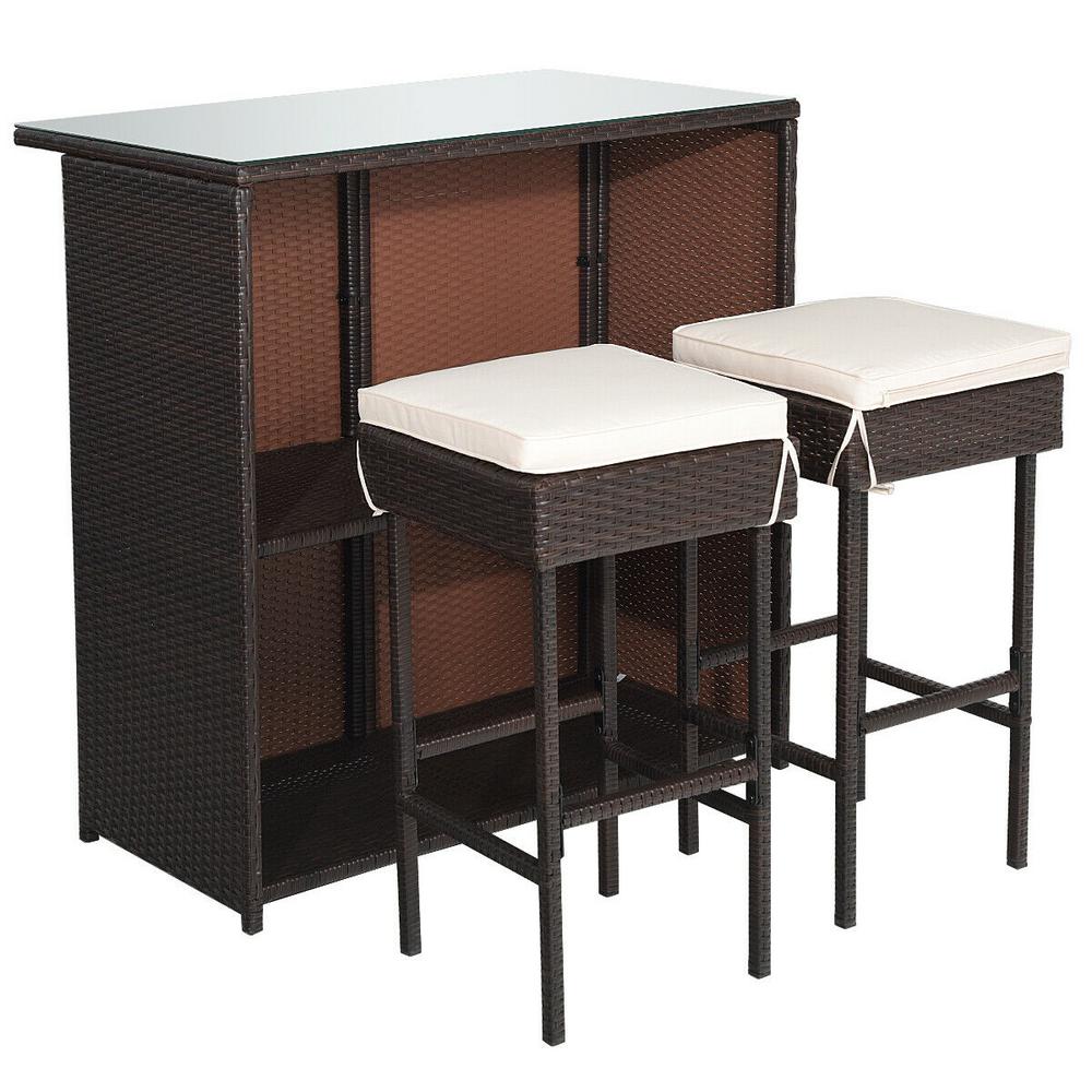 Costway 3 Piece Wicker Outdoor Dining Set With Beige Cushion Patio Rattan Wicker Bar Table Stools Hw62380 The Home Depot