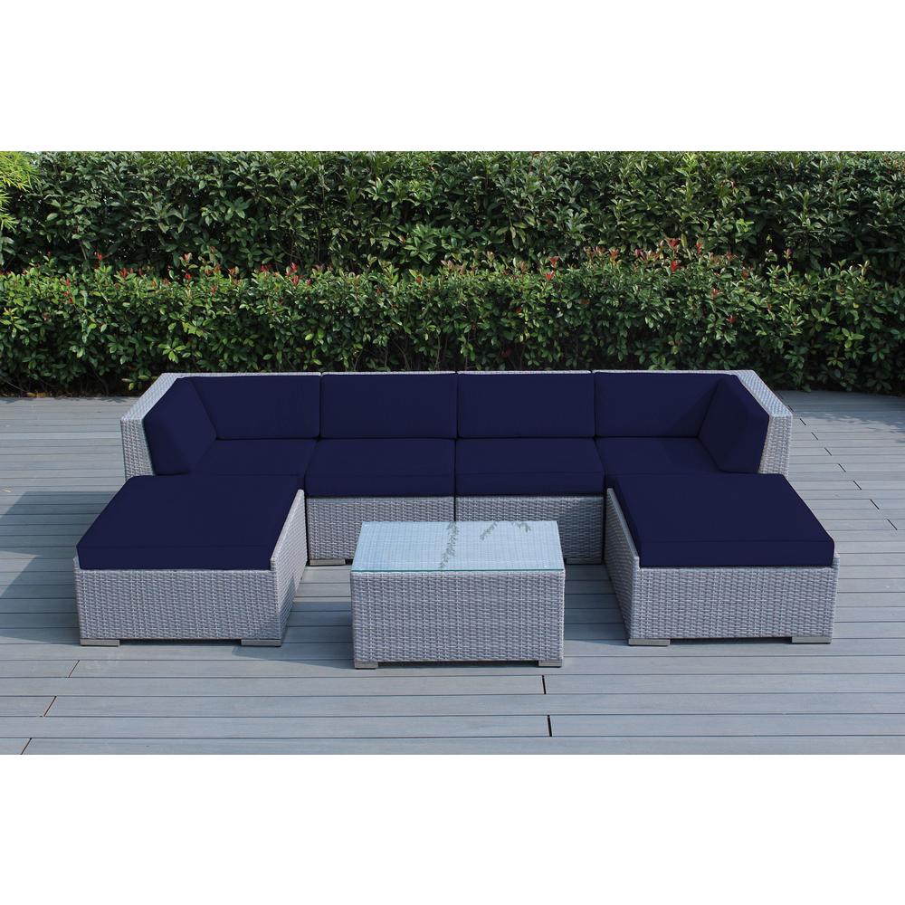 Ohana Depot Gray 7 Piece Wicker Patio Seating Set With Sunbrella Navy Cushions Pn0704agr Snv The Home Depot