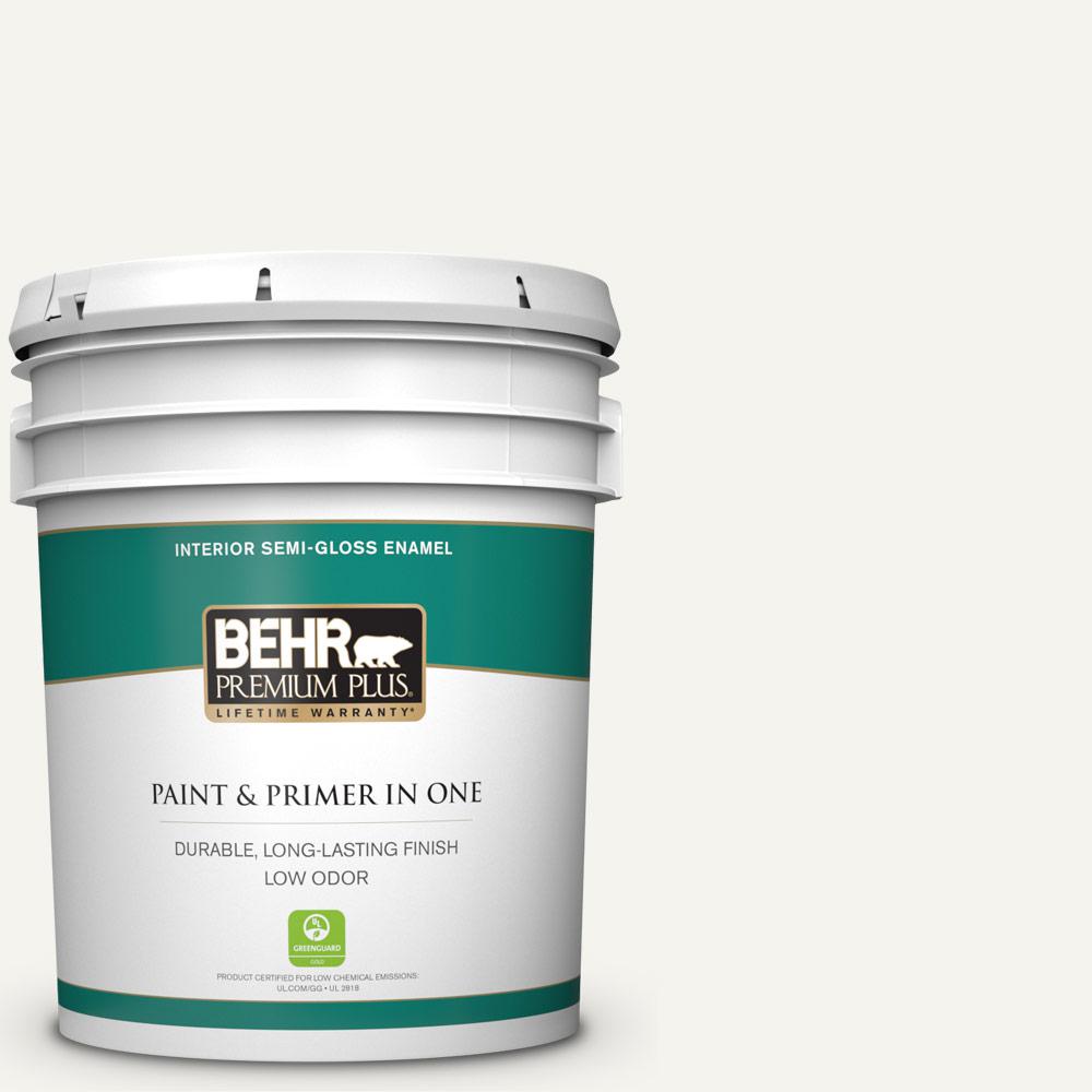 Behr Premium Plus 5 Gal Pwn 10 Decorator White Semi Gloss Enamel Low Odor Interior Paint And Primer In One 305005 The Home Depot
