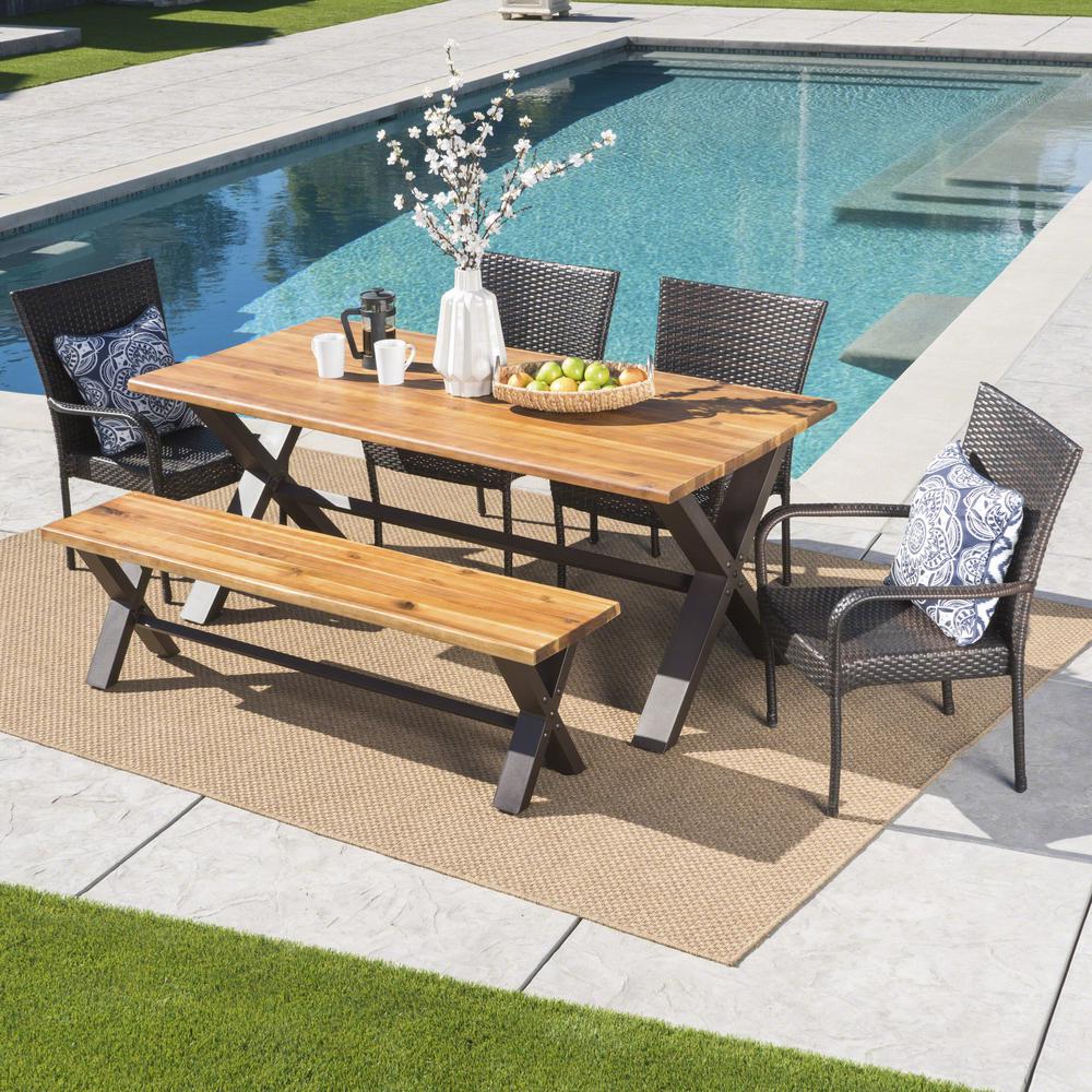 Noble House Teak Brown 6-Piece Wicker, Wood and Iron Rectangular ...