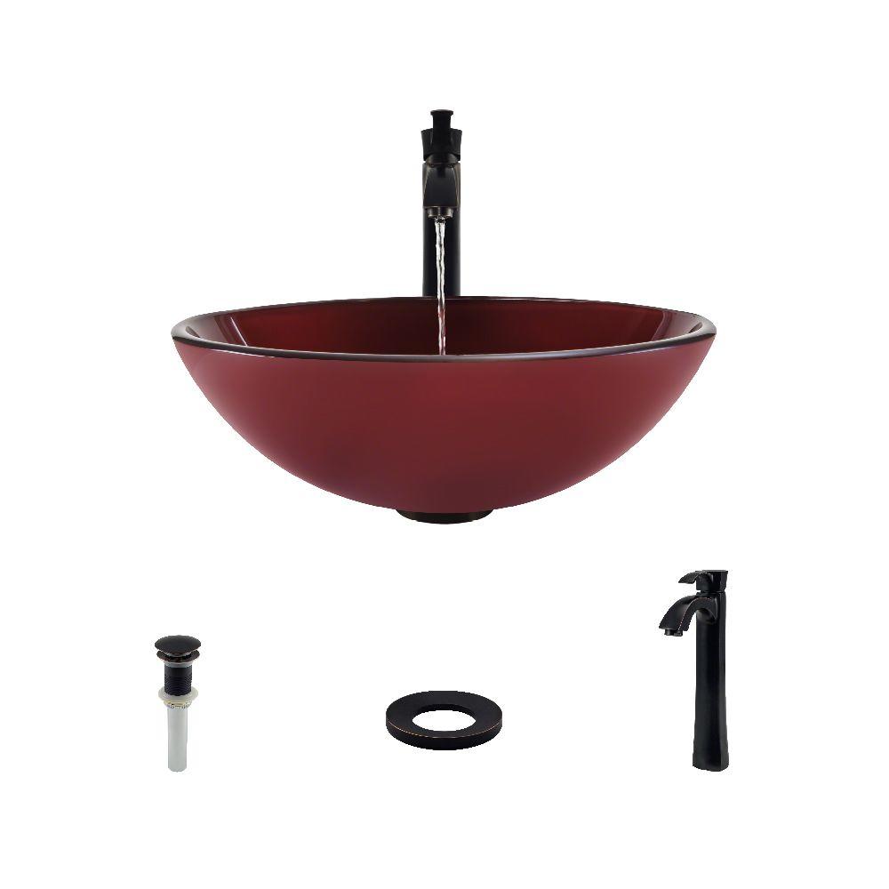 MR Direct Glass Vessel Sink in Hand Painted Red with 726 Faucet and Pop