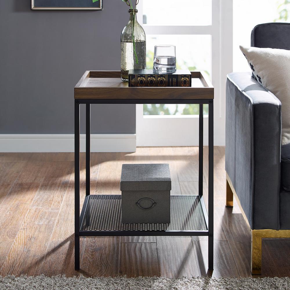 18 In Dark Walnut Square Wood Side Table With Lower Mesh Shelf