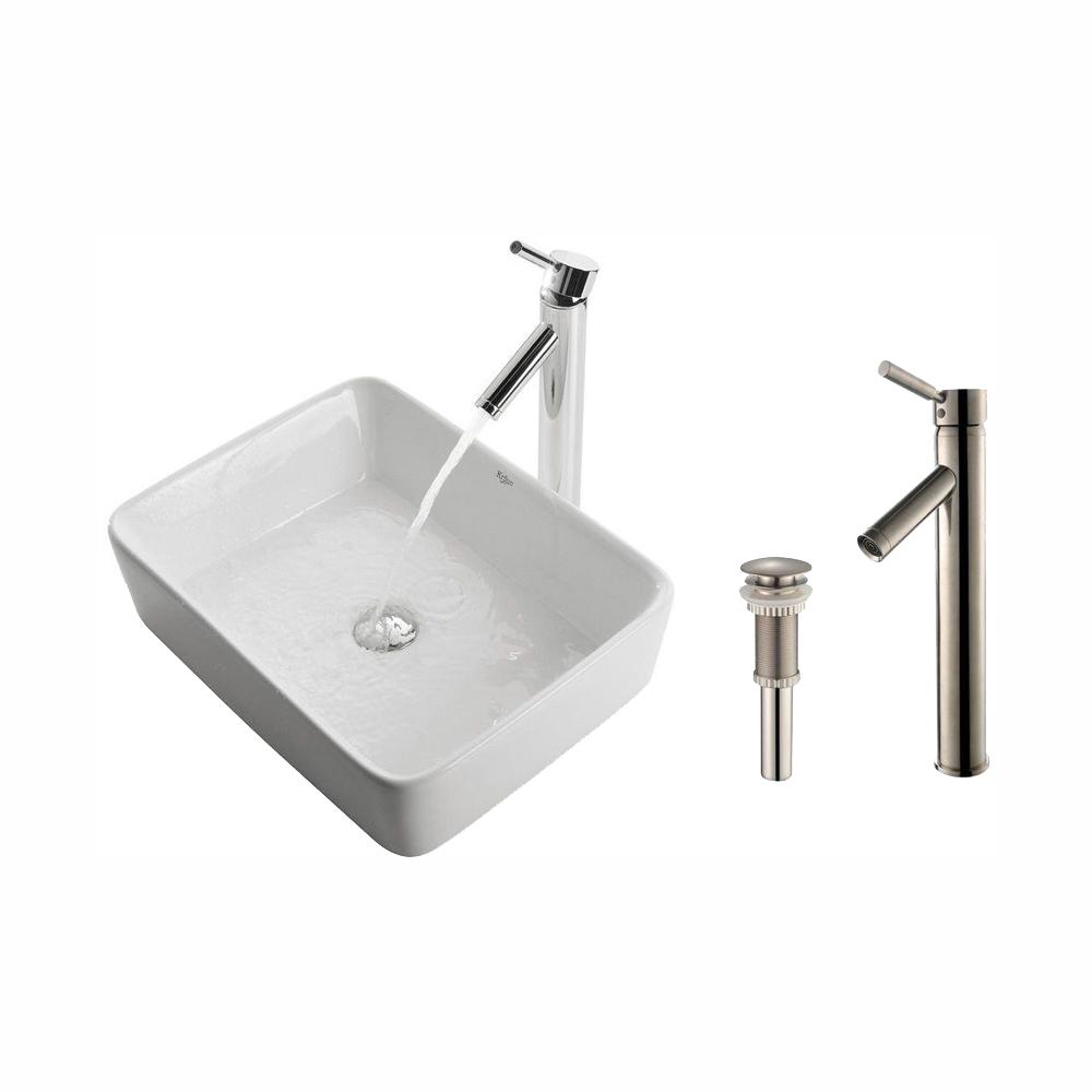 Kraus Square Ceramic Vessel Sink In White With Sheven Faucet In
