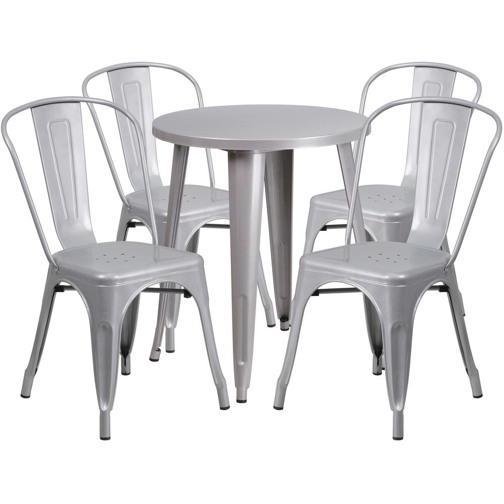 Carnegy Avenue 5 Piece Metal Round Outdoor Bistro Set In Silver Cga Ch 194624 Si Hd The Home Depot