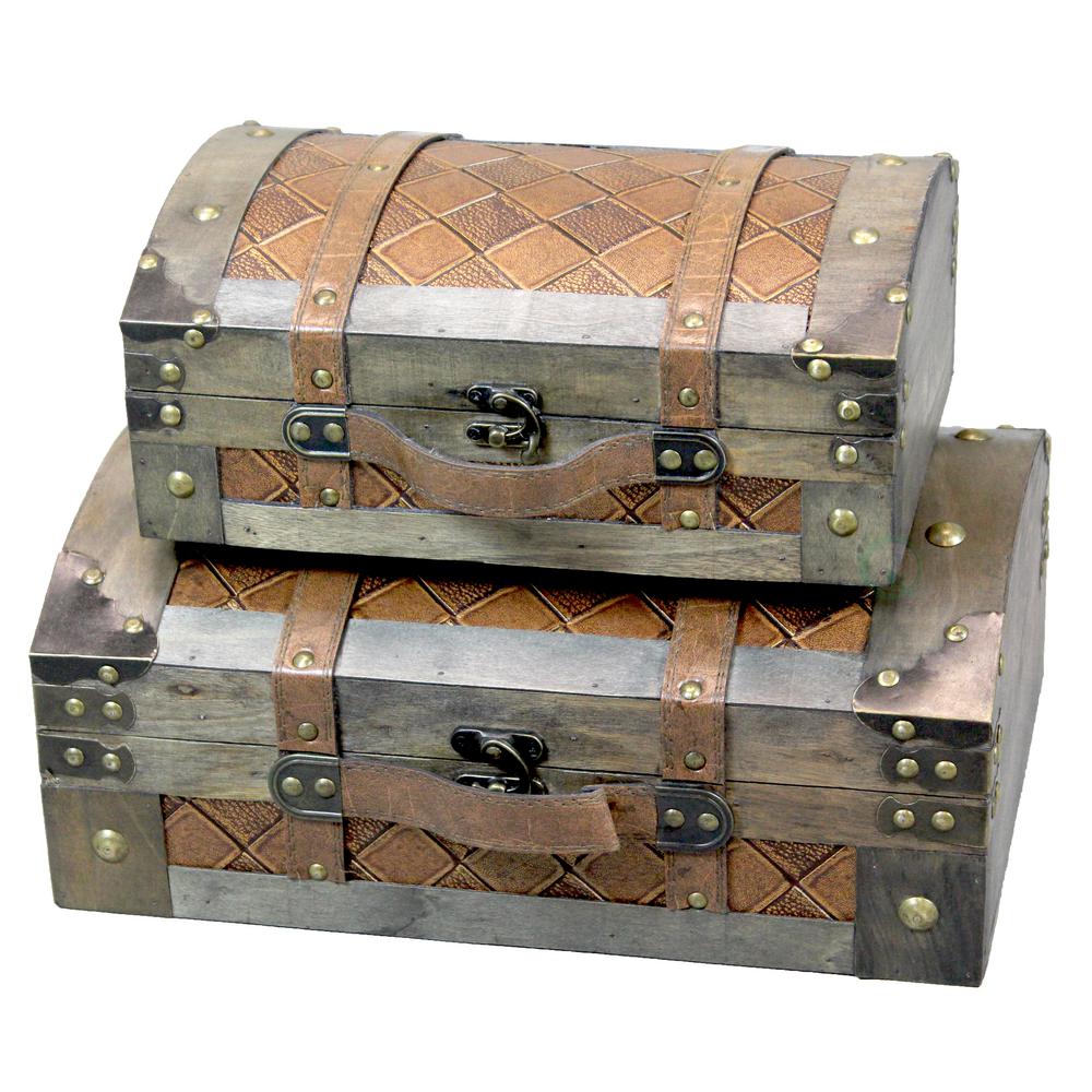 Vintiquewise Vintage Suitcase Style Gray Leather Chests Set Of 2