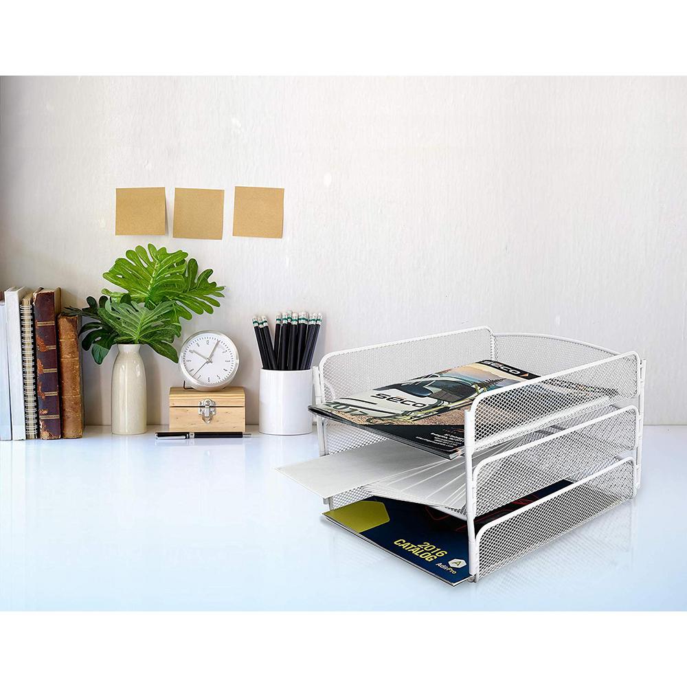 Adiroffice 3 Tier White Steel Mesh Paper Tray Desktop Organizer