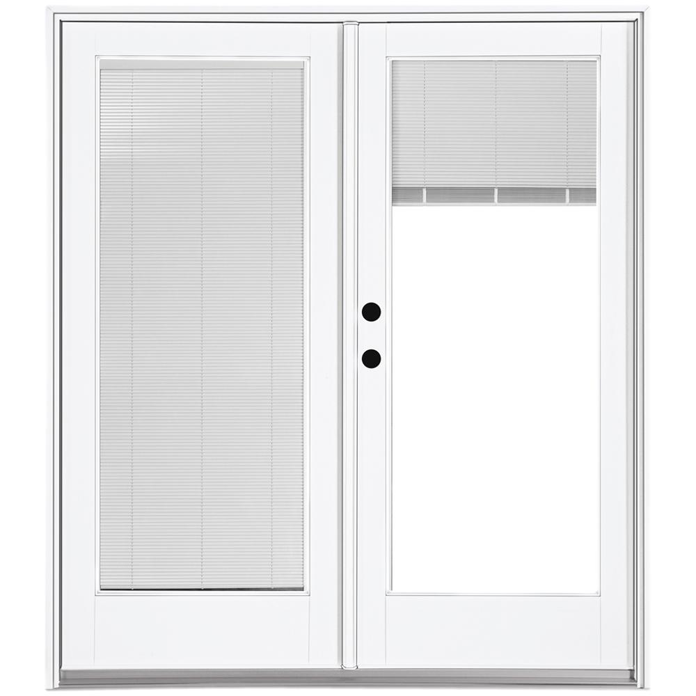 60 In X 80 In Fiberglass Smooth White Right Hand Inswing Hinged Patio Door With Low E Built In Blinds