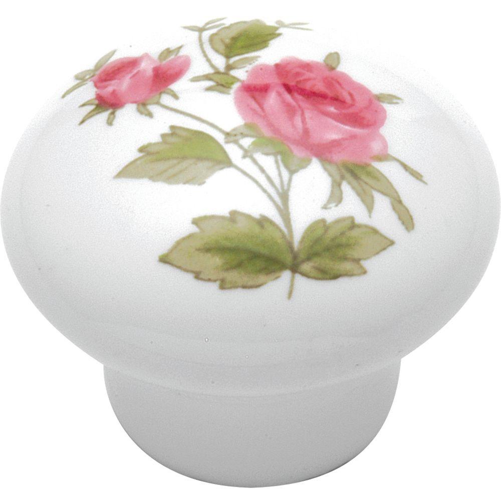 Hickory Hardware English Cozy 11/4 in. White/Pink Rose Knob