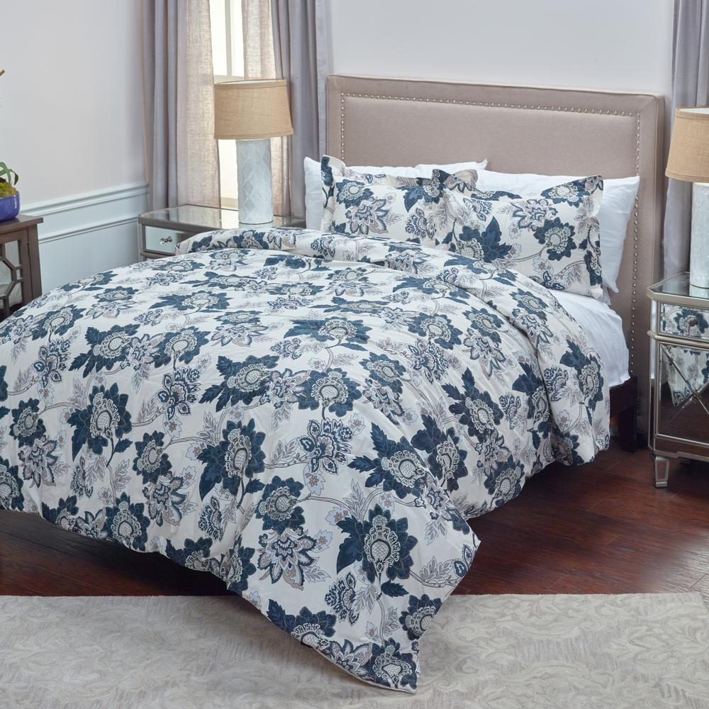 Rizzy Home Ivory/Blue Jacobean Floral Pattern 3-Piece King Bed Set ...