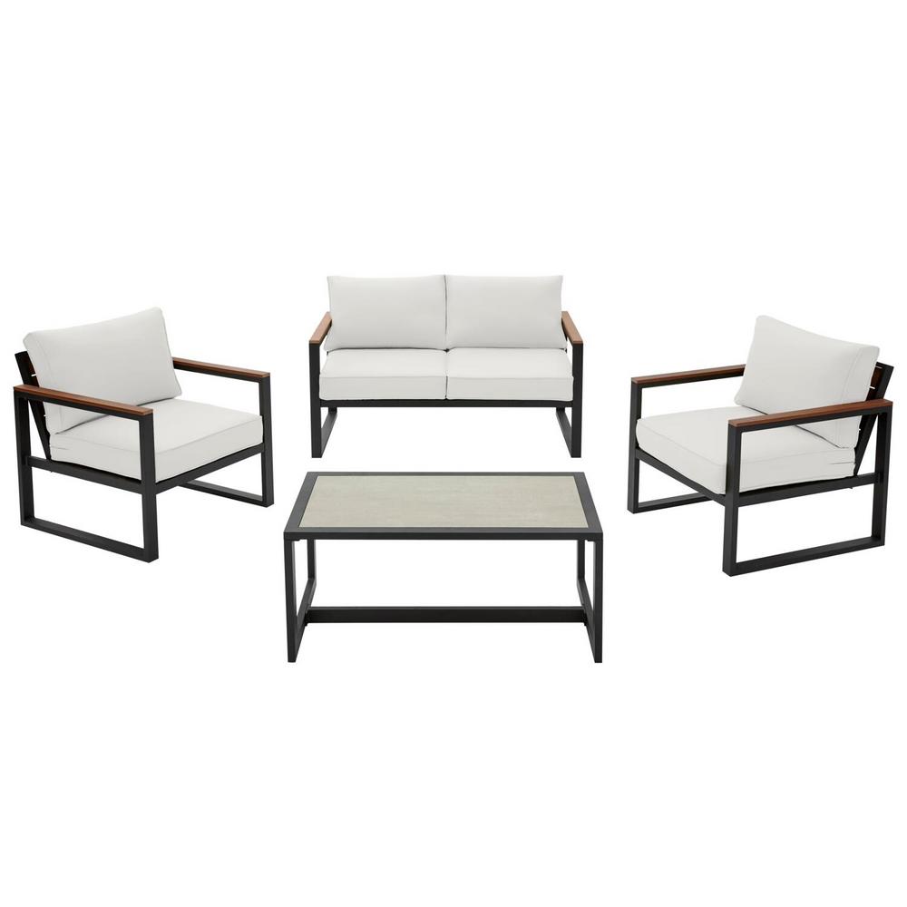 Hampton Bay West Park 4 Piece Black Aluminum Outdoor Patio Conversation Set With Cushionguard White Cushions 501 0600 000 The Home Depot