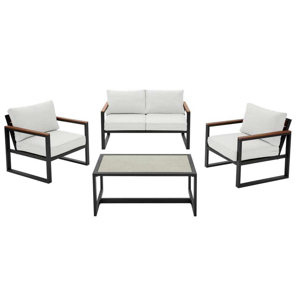 West Park Black Aluminum Outdoor Patio 4-Piece Conversation Set with CushionGuard White Cushions