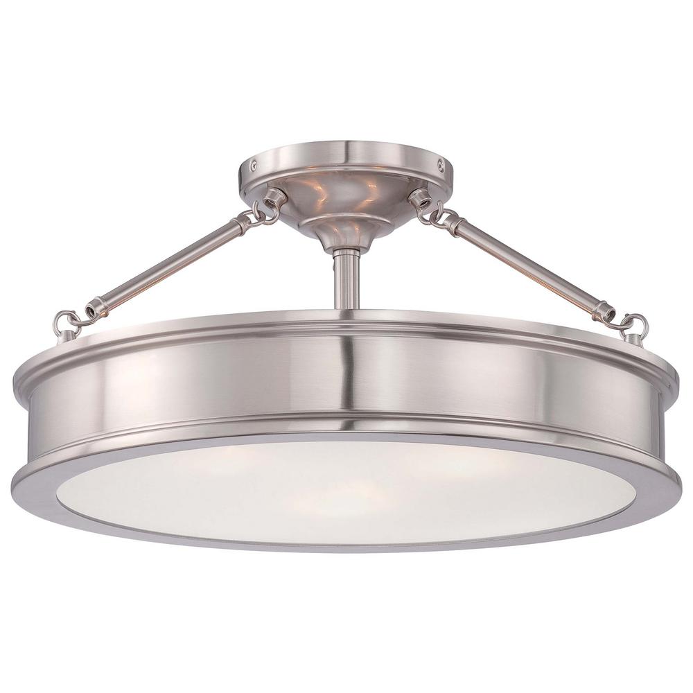 3 Light Brushed Nickel Semi Flush Mount With Clear Outside Frosted Inside Glass