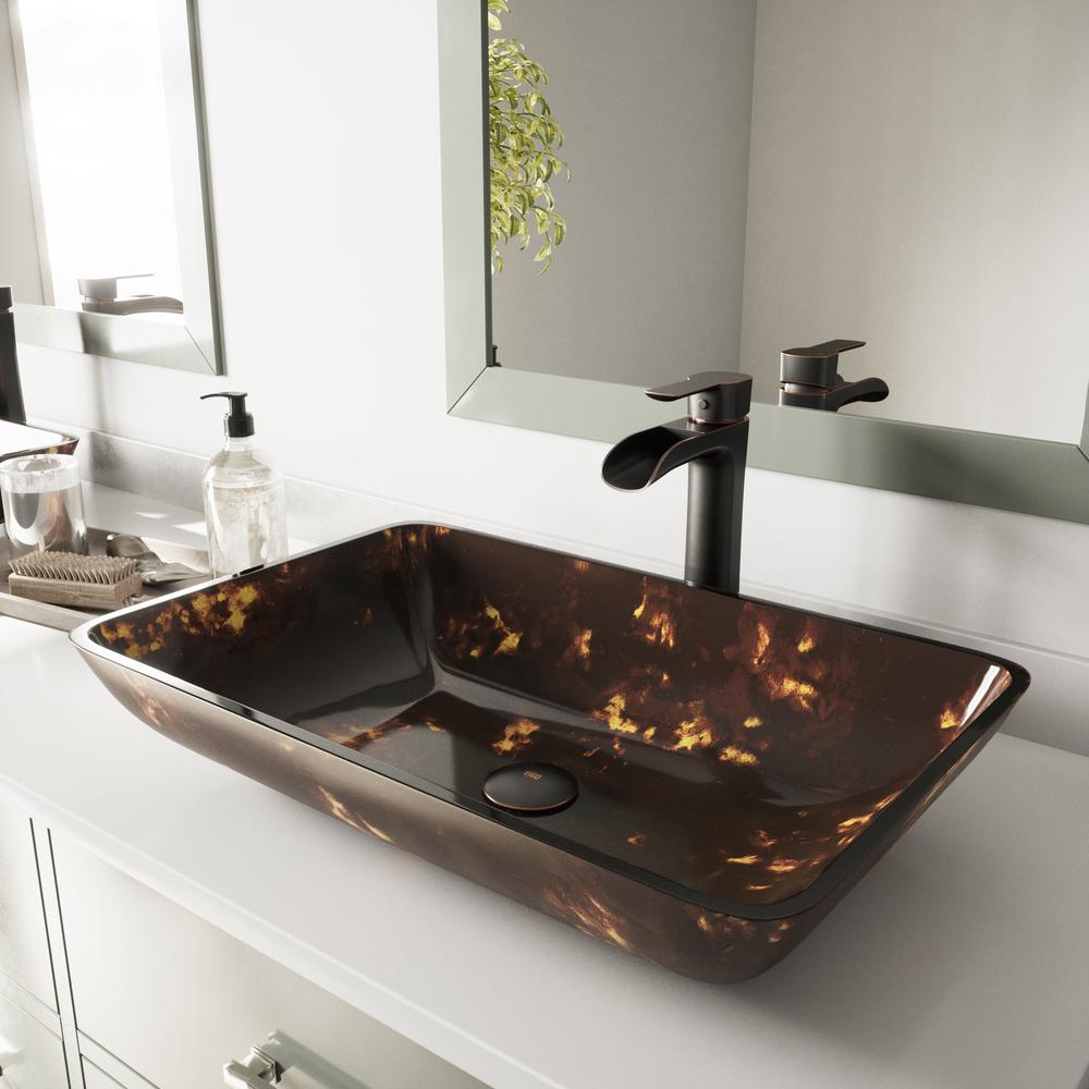 Vigo Glass Vessel Bathroom Sink In Brown And Gold Fusion And Niko Faucet Set In Antique Rubbed Bronze