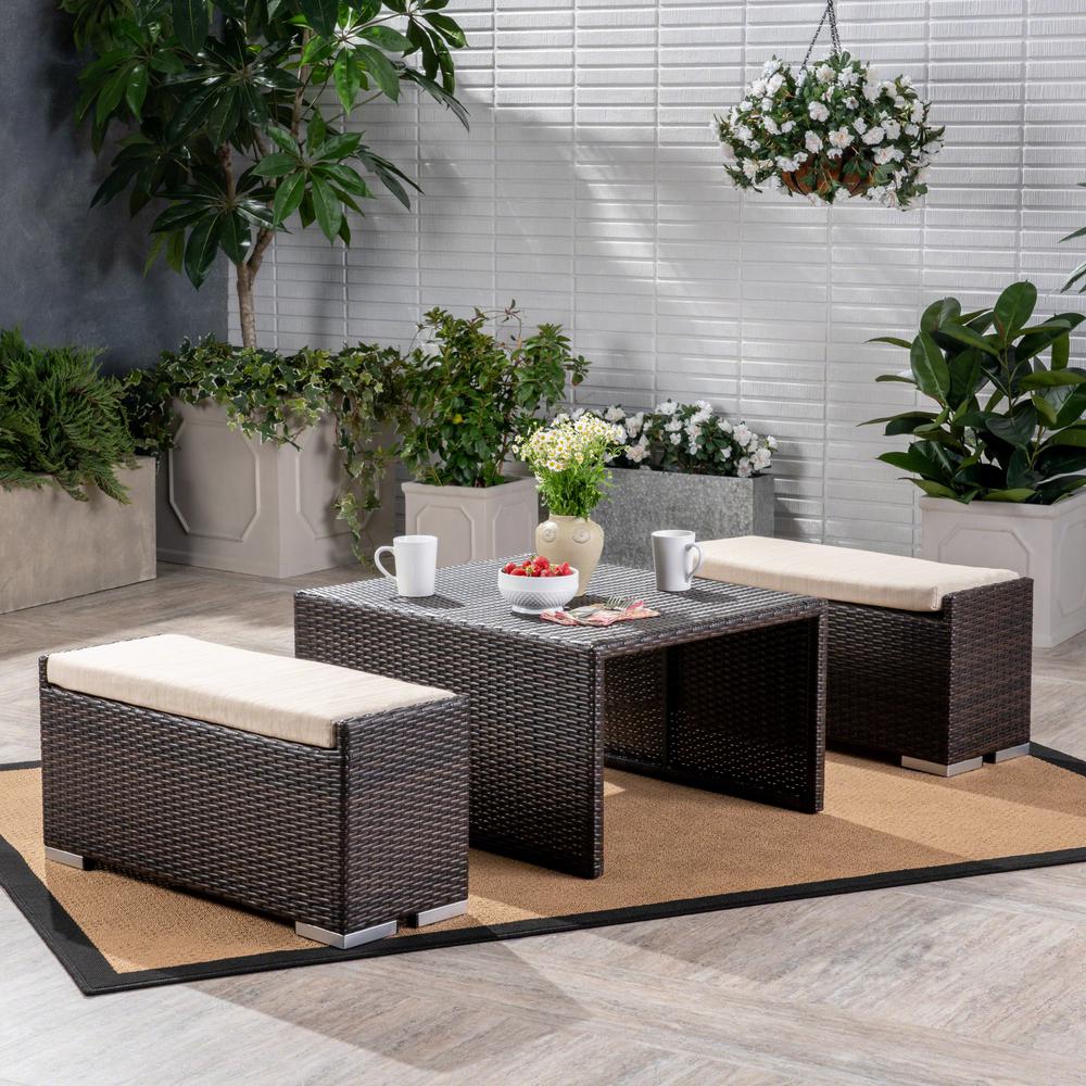 Noble House Santa Rosa Multi Brown 3 Piece Wicker Patio Conversation Set With Beige Cushions