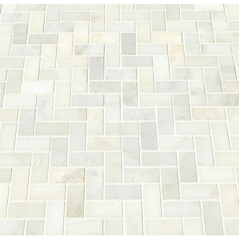 Greecian White Herringbone Pattern Polished Marble Mesh-Mounted Mosaic Tile