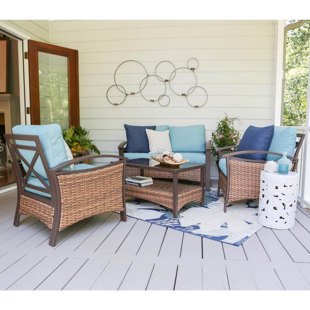 Leisure Made Thompson 4-Piece Wicker Patio Conversation Set With Blue ...