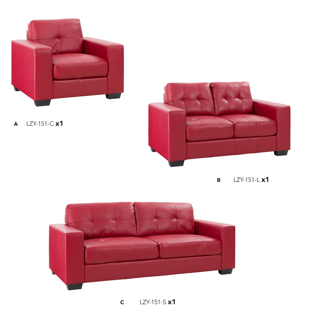 Corliving Club 3 Piece Tufted Red Bonded Leather Sofa Set Lzy 151