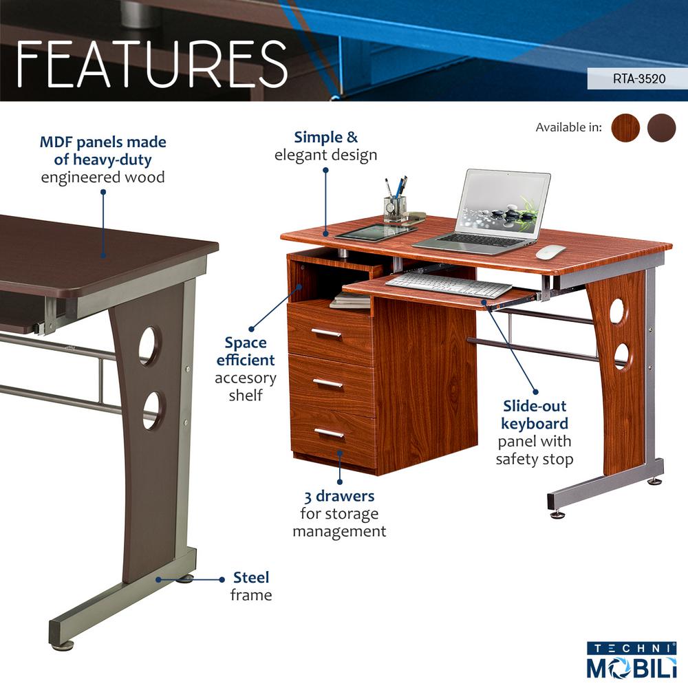 Techni Mobili Mahogany Computer Desk With Ample Storage Rta 3520