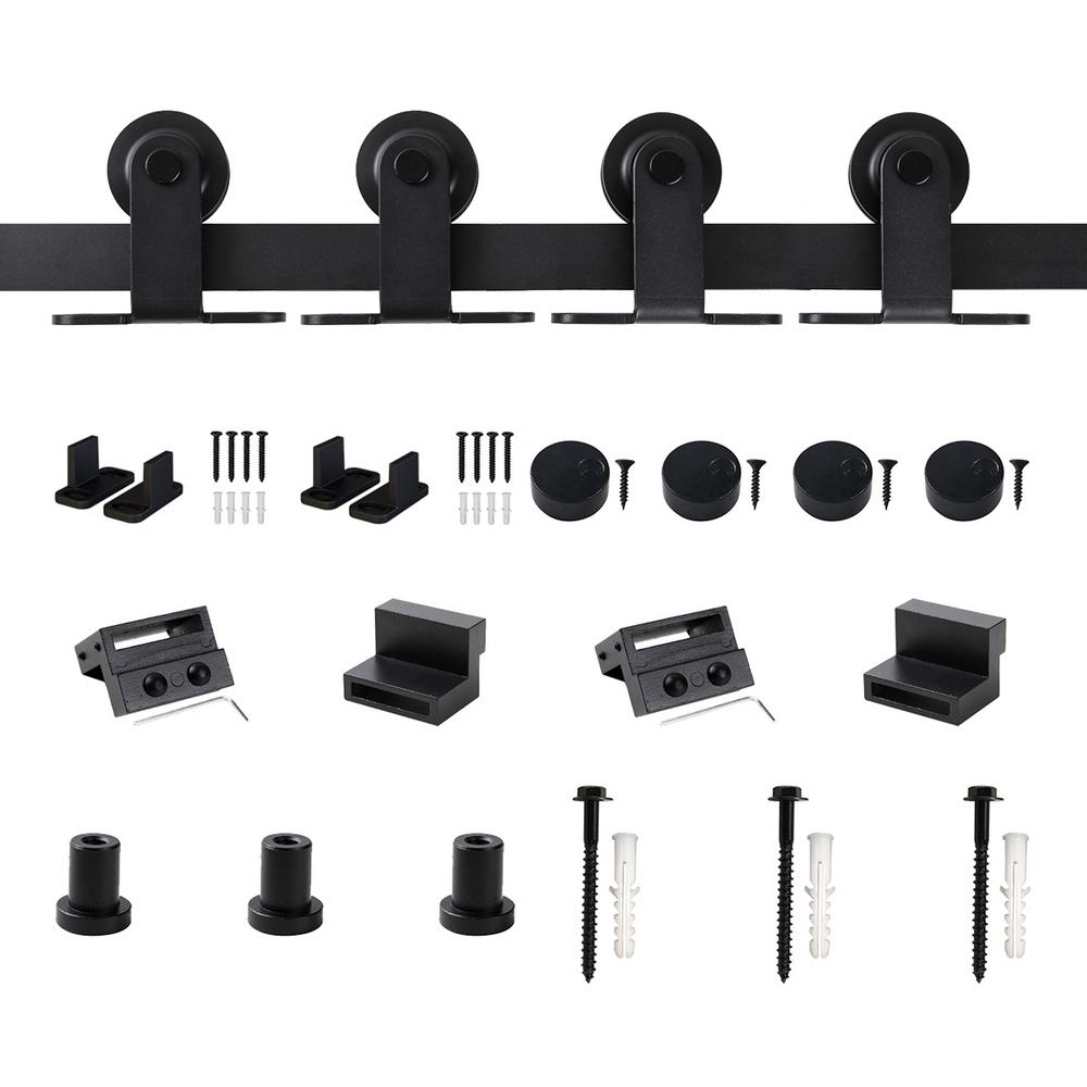 Winsoon 4 Ft 48 In Top Mount Sliding Barn Door Hardware Track Kit For Double Doors With Non Routed Floor Guide Frosted Black