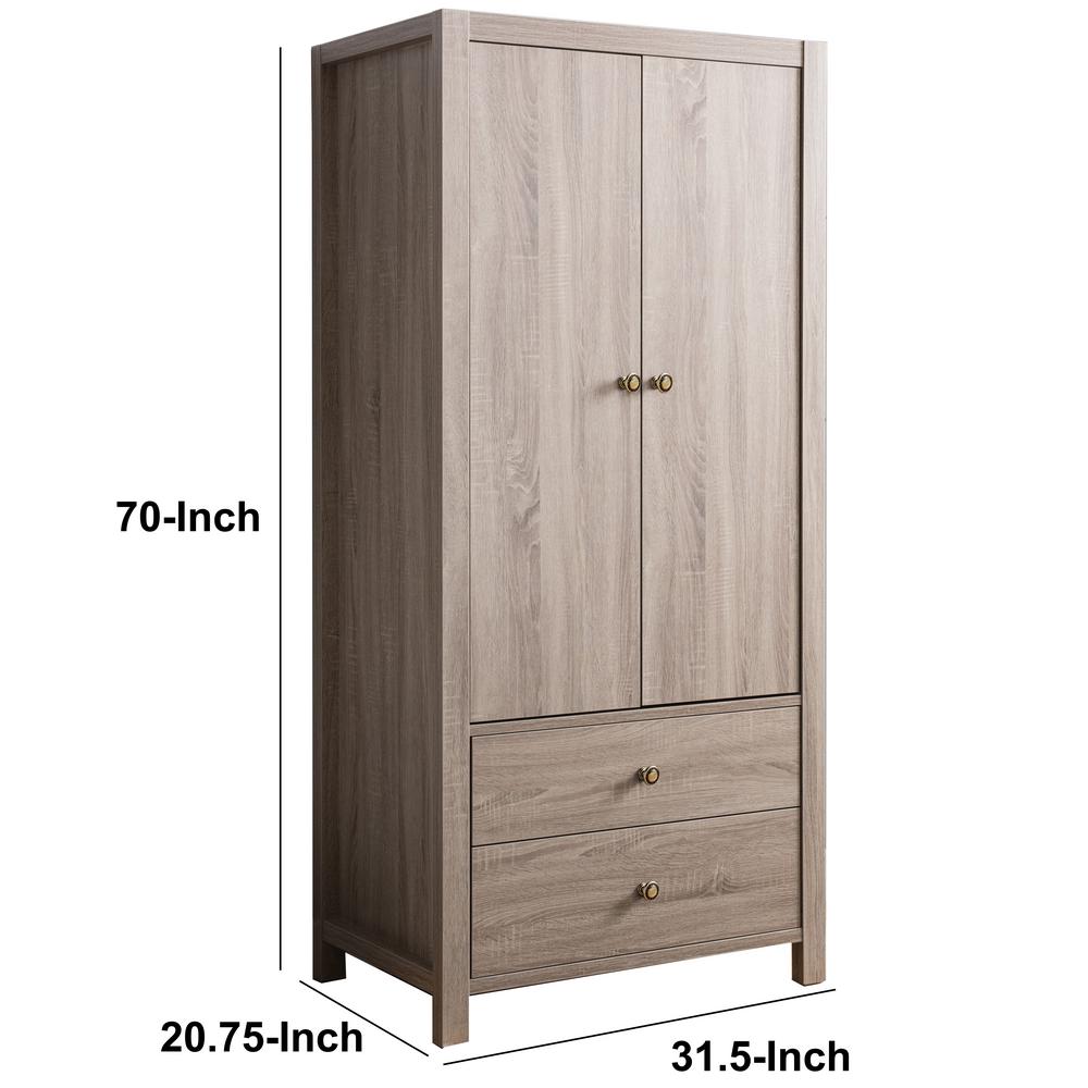 Benjara Capacious Brown 2 Drawers Wardrobe With Metal Glides And