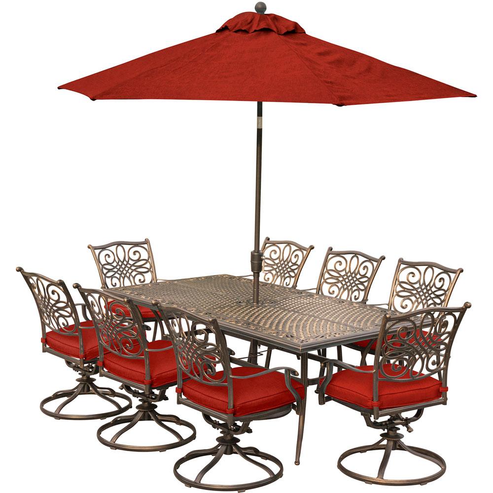 Red Umbrella Patio Dining Sets Furniture The Traditions 9 Piece Aluminum Outdoor Dining Set With Red Cushions And 8 Swivel Rockers