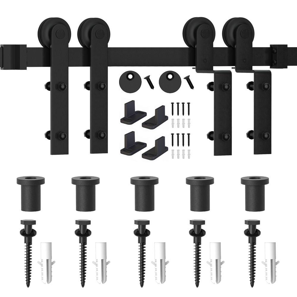 skysen 6.6FT Low Ceiling Heavy Duty Sliding Barn Door Hardware Double Track Bypass Double Door Kit Black Bypass I Shape-2