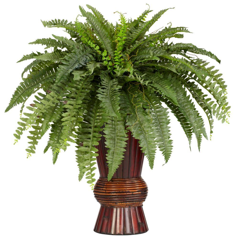 Nearly Natural 33 In H Green Boston Fern With Bamboo Vase Silk H Green Boston Fern With Bamboo Vase Silk Plant