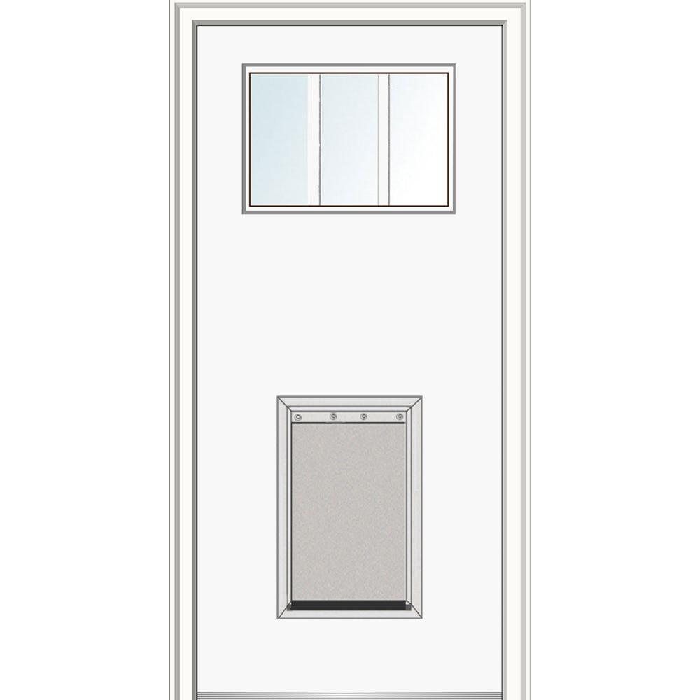 Mmi Door 36 In X 80 In Classic Right Hand 3 Lite Clear Primed Fiberglass Smooth Prehung Front Door With Extra Large Pet Door