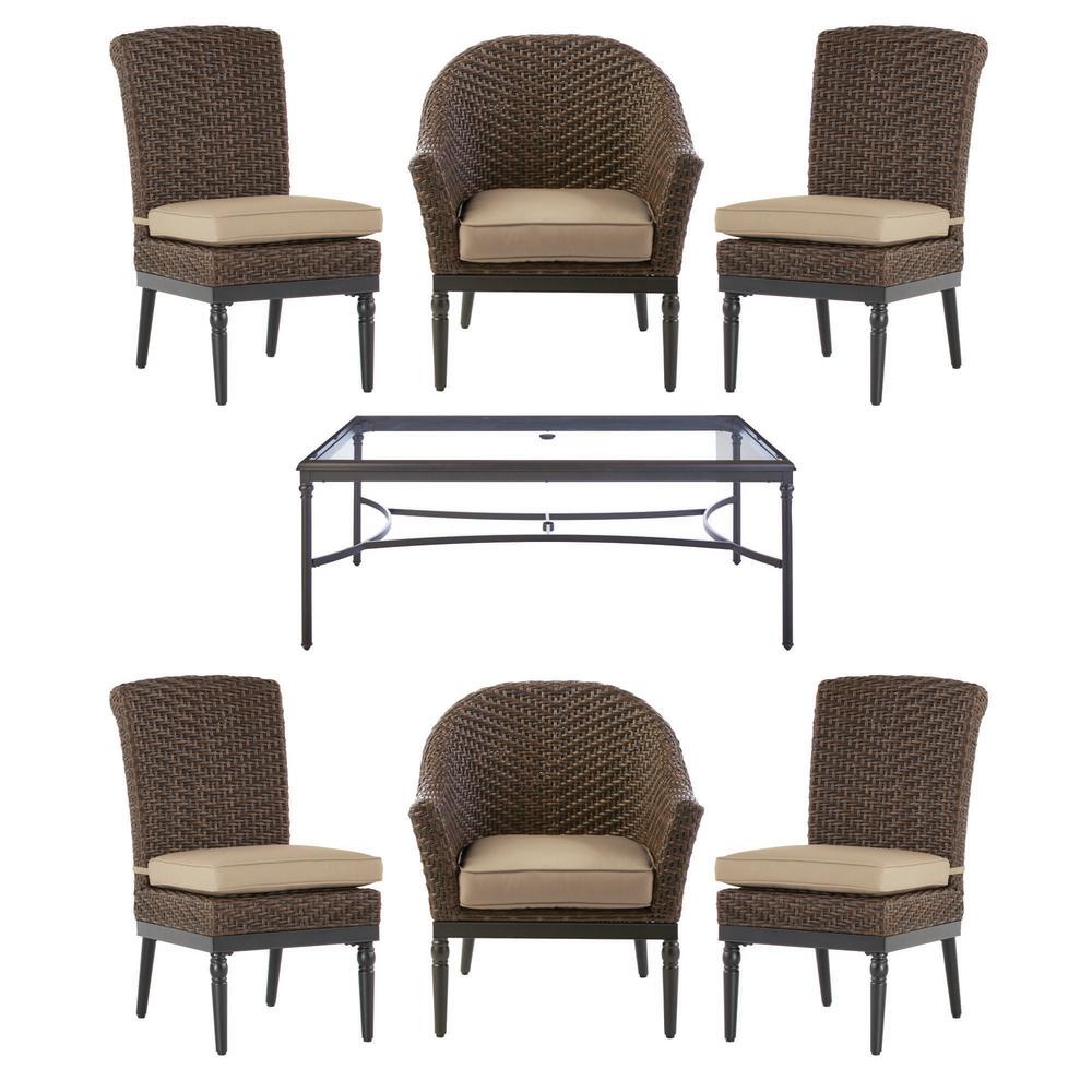 Camden 7-Piece Seagrass Light Brown Wicker Outdoor Patio Dining Set with Sunbrella Beige Tan Cushions